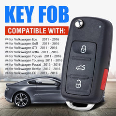 Flip Key Fob Keyless Entry Remote Control Replacement for Volkswagen Eos Golf GTI Jetta Tiguan Touareg Passat Beetle CC 2011-2016 FCC ID:NBG010180T P/N:5K0 837 202 AE ID48 Chip 3+1 Buttons