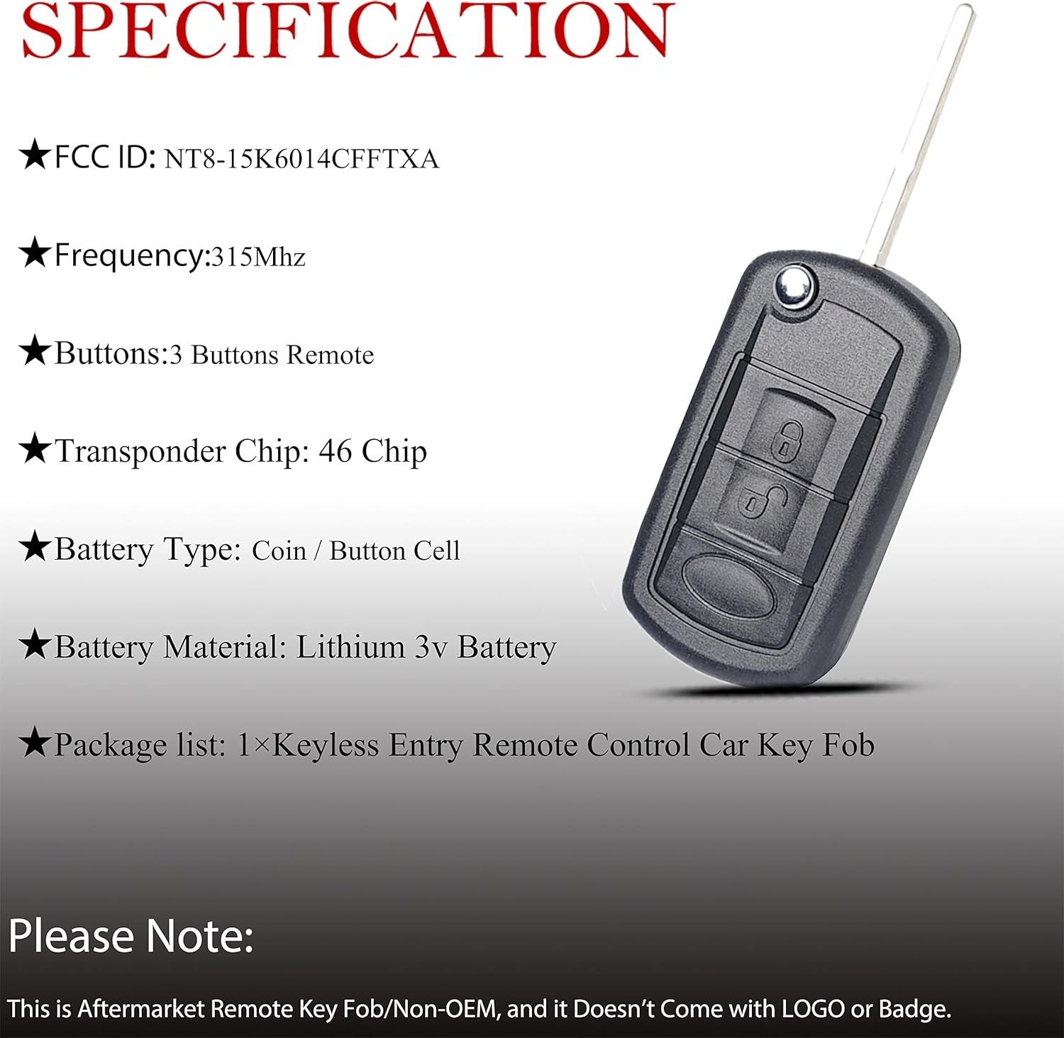 Key Fob Remote Replacement Fits for Land Rover Range Rover 2006 2007 2008 2009 2010/Range Rover Sport 2006-2011/LR3 2005-2009 FCC ID:NT8-15K6014CFFTXA Keyless Entry Remote Control Flip Key