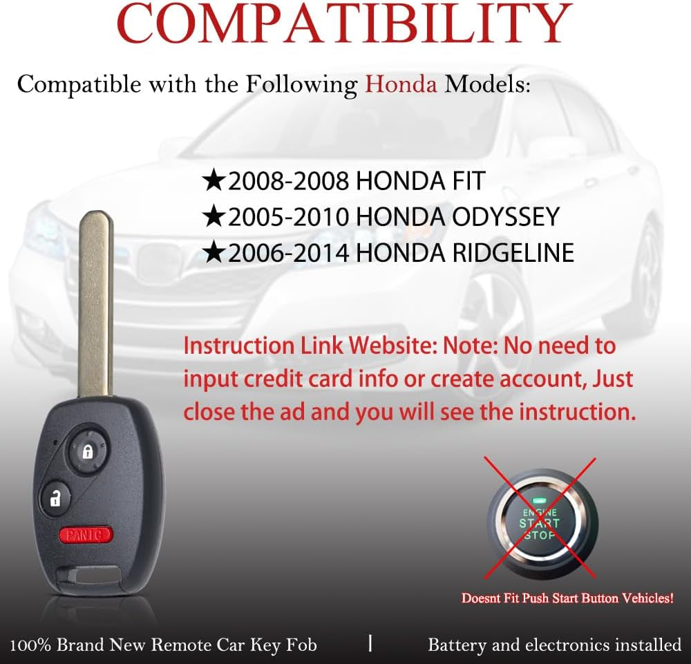 Key Fob Replacement Fits for Honda Ridgeline 2006-2014 / FIT 2008 / Odyssey 2005-2010 (FCC ID:OUCG8D-380H-A) Keyless Entry Remote Control Head Ignition Key PN:35111-SHJ-305 314MHZ 3 Button