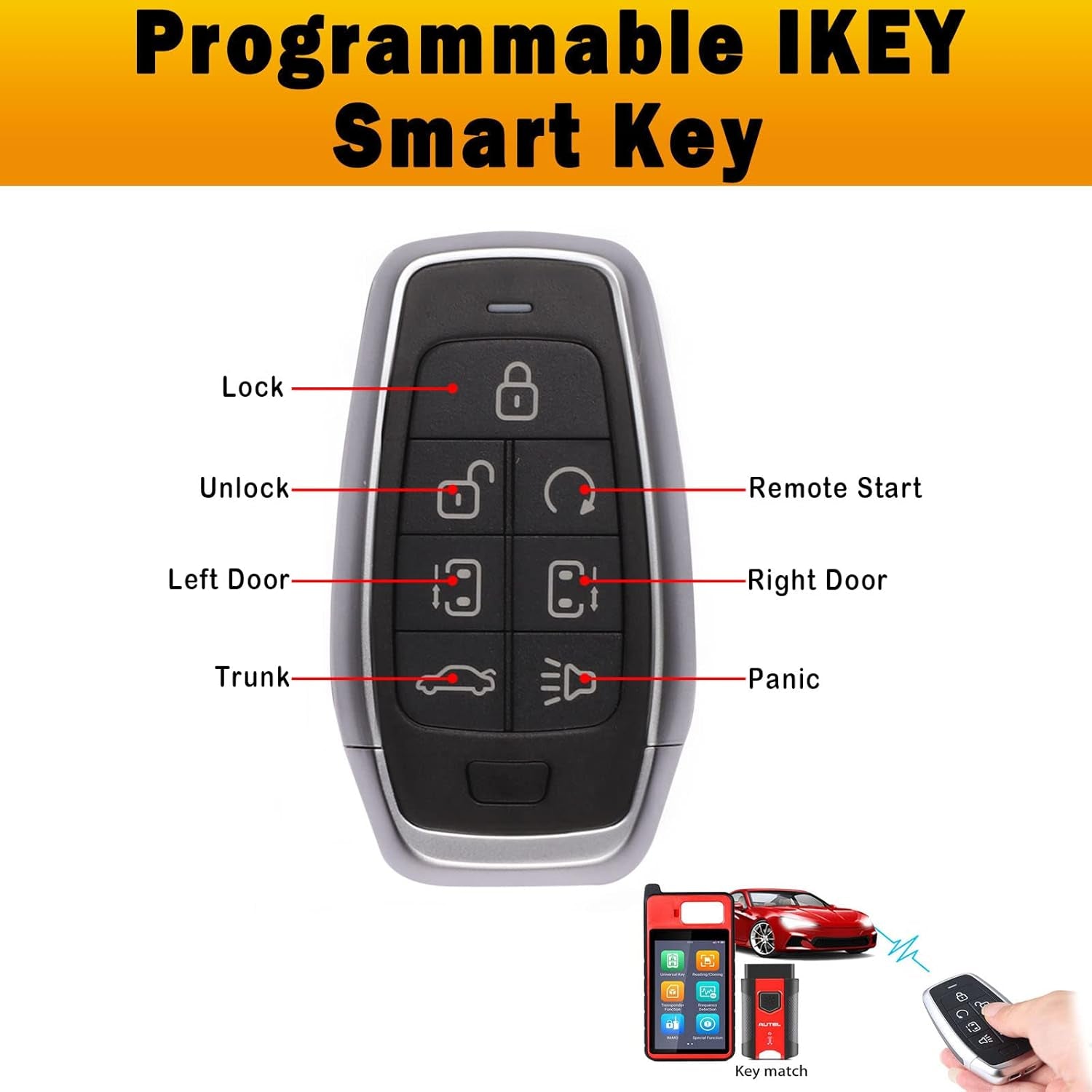 Ikey Programmable Smart Key 2024 Newest Key Fob Universal Key Creation 7 Buttons Ultra-Long Range Oe-Quality for 700+ Vehicle IKEYAT7TPRS Car Key Replacement Work for  KM100 IM508 IM608