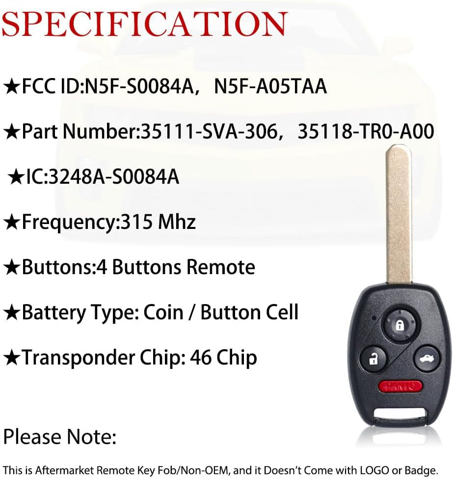 Key Fob Remote Replacement Fits for Honda Civic EX Si Hybrid 2006 2007 2008 2009 2010 2011 2012 2013 Acura Mdx 2007-2013 N5F-S0084A Keyless Entry 4 Buttons Remote Control 35111-Sva-306(Pack of 1)