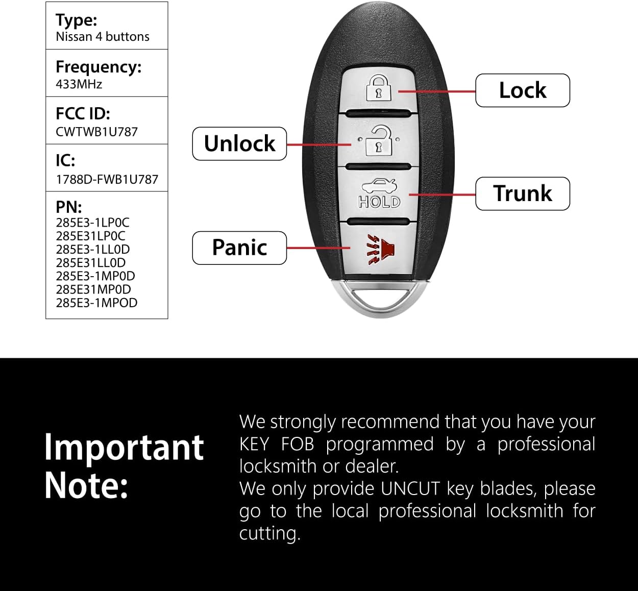 Car Key Fob Remote Keyless Entry Control CWTWB1U787 433Mhz 4 Button Replacement for 2011-2019 Infiniti M56 M37 M35 M35H QX56 Q70 Q70H Nissan Armada