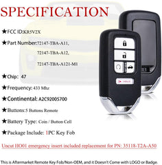 Key Fob Remote Replacement Fits for Honda Civic 2016 2017 2018 2019 2020 2021 KR5V2X Smart Proximity Keyless Entry Remote Control Uncut 5 Buttons 433Mhz (72147-TBA-A11)