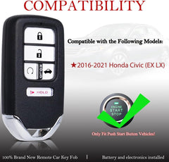 Key Fob Remote Replacement Fits for Honda Civic 2016 2017 2018 2019 2020 2021 KR5V2X Smart Proximity Keyless Entry Remote Control Uncut 5 Buttons 433Mhz (72147-TBA-A11)