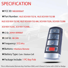 Key Fob Replacement Fits for VW Volkswagen Passat 2006-2013 / CC 2009-2015 Keyless Entry Remote Control FCC :NBG009066T PN:HLO3C0959752N BB AE AM 315Mhz ID48 4 Button Silver