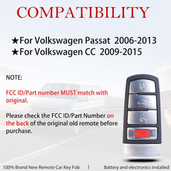 Key Fob Replacement Fits for VW Volkswagen Passat 2006-2013 / CC 2009-2015 Keyless Entry Remote Control FCC :NBG009066T PN:HLO3C0959752N BB AE AM 315Mhz ID48 4 Button Silver