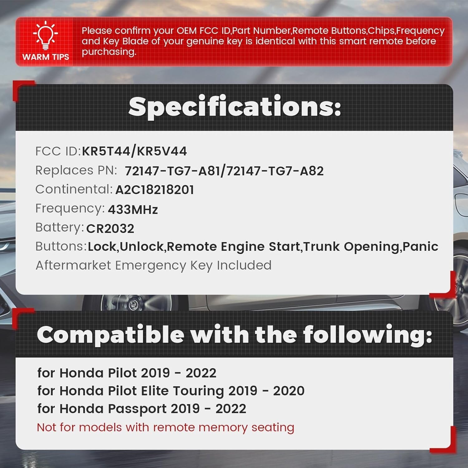 Replacement Remote Keyless Entry Key Fob for Honda Pilot 2019-2022 Elite Touring 2019 2020 Passport 2019-2022 FCC ID:KR5T44/KR5V44 PN:72147-TG7-A81 A2C18218201 5Buttons 433Mhz