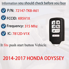 Key Fob Keyless Entry Fits for 2014 2015 2016 2017 Honda Odyssey Remote Control Proximity Smart Key Replacement KR5V1X 72147-TK8-A61 6 Buttons 315