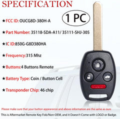 Key Fob Remote Head Key Replacement Fits for Honda Accord 2003 2004 2005 2006 2007/Element 2010 OUCG8D-380H-A Keyless Entry Control Ignition Key 35118-SDA-A11 46 Chip