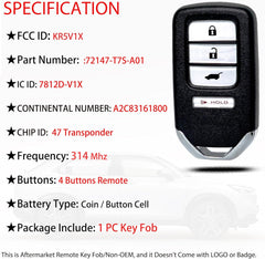 Smart Key Fob Replacement Fits for Honda HRV 2016 2017 2018 2019 2020 2021 / Honda Fit EX EX-L EX-LH 2018-2020 Keyless Entry Remote Control KR5V1X PN:72147-T7S-A01 47Chip 314Mhz SUV A2C83161800