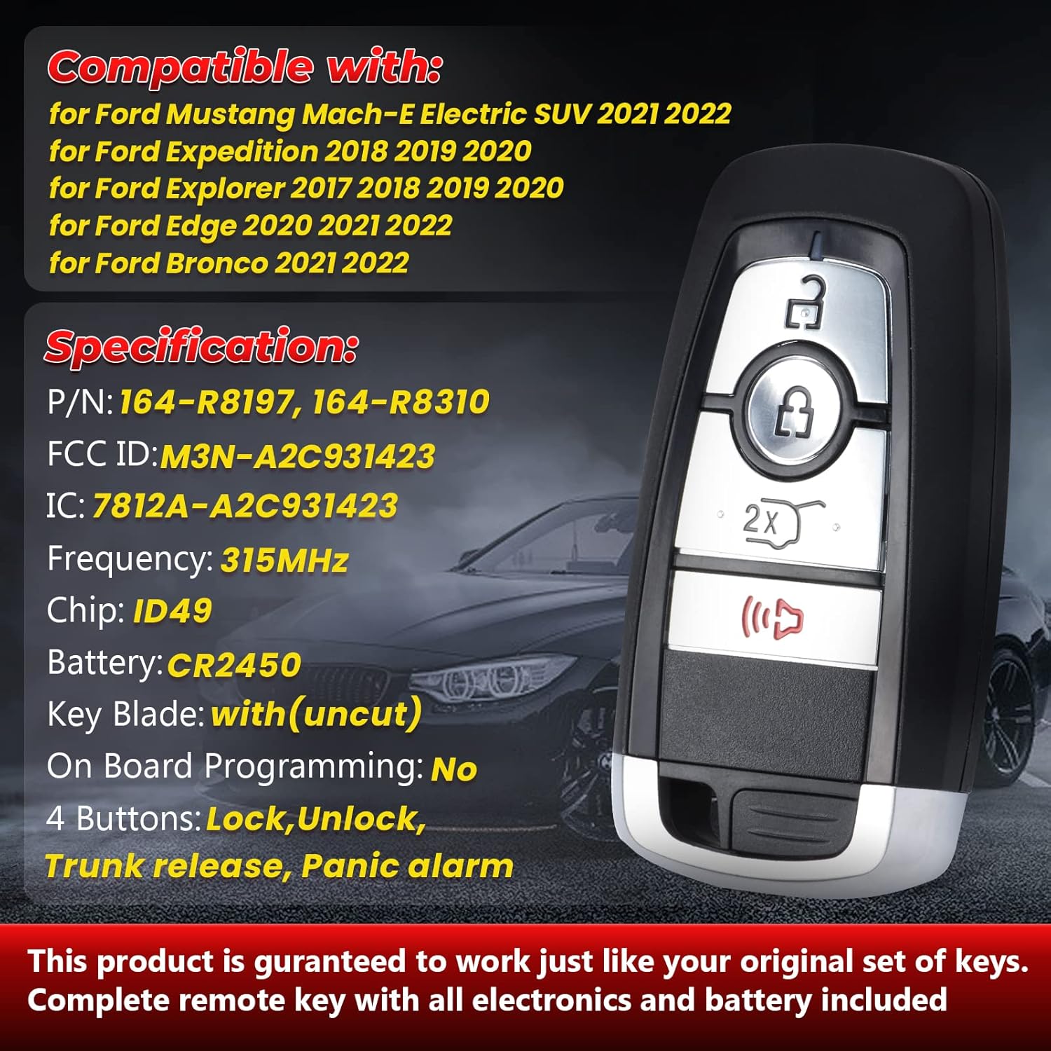 Replacement Keyless Entry Smart Remote Key Fob for Ford Mustang Mach-E 2021 2022 Explorer 2017 2018 2019 2020 Expedition Edge Bronco, FCC ID: M3N-A2C931423, P/N: 164-R8197, 164-R8310