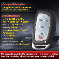 Smart Keyless Entry Remote Key Fob for Hyundai Sonata 2015 2016 2017 434Mhz FCC ID: CQOFD00120 P/N: 95440-C1000N 95440-C1001 95440-C1000 Remote Control Car Keyfob