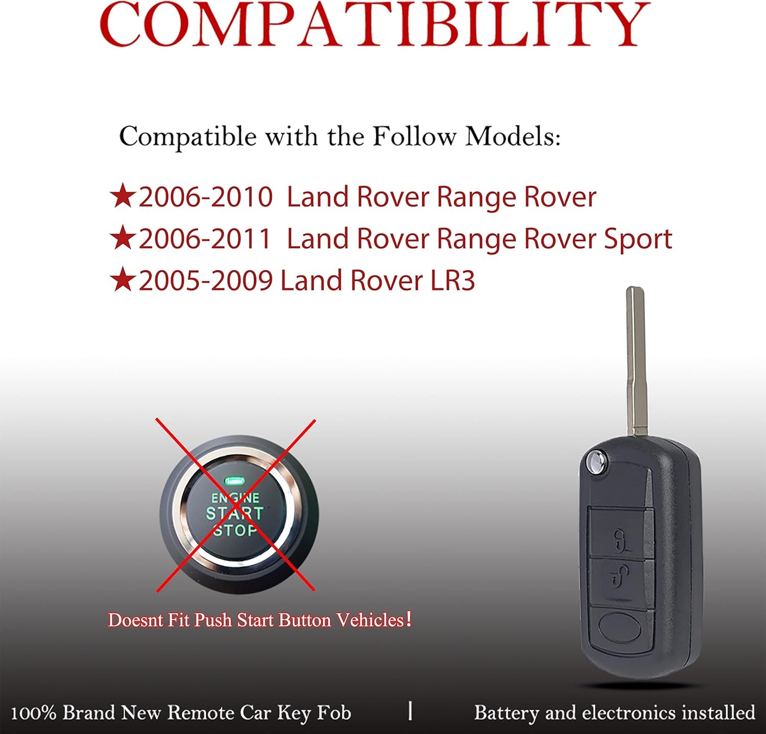 Key Fob Remote Replacement Fits for Land Rover Range Rover 2006 2007 2008 2009 2010/Range Rover Sport 2006-2011/LR3 2005-2009 FCC ID:NT8-15K6014CFFTXA Keyless Entry Remote Control Flip Key