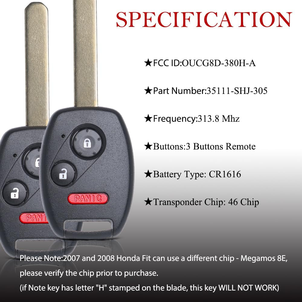 Key Fob Replacement Fits for Honda Ridgeline 2006-2014 / FIT 2008 / Odyssey 2005-2010 (FCC ID:OUCG8D-380H-A) Keyless Entry Remote Control Head Ignition Key PN:35111-SHJ-305 314MHZ 3 Button