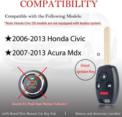 Key Fob Remote Replacement Fits for Honda Civic EX Si Hybrid 2006 2007 2008 2009 2010 2011 2012 2013 Acura Mdx 2007-2013 N5F-S0084A Keyless Entry 4 Buttons Remote Control 35111-Sva-306(Pack of 1)