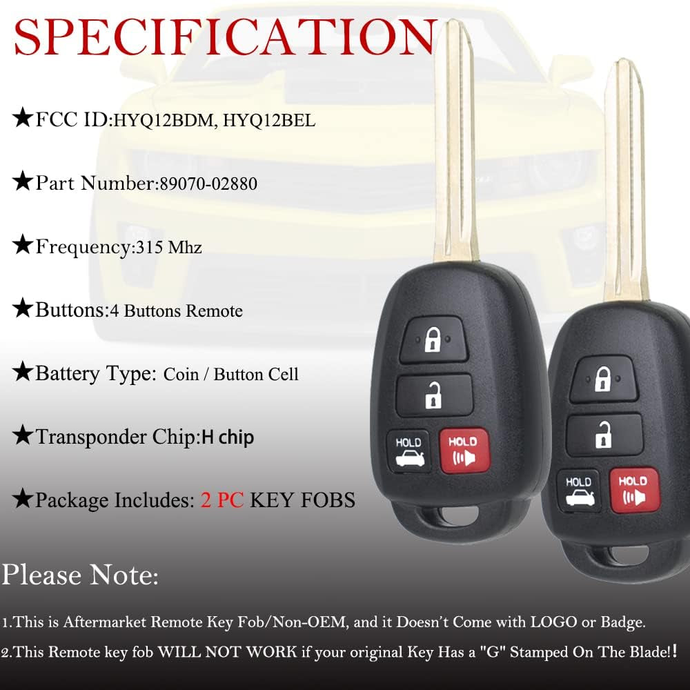 Key Fob Remote Replacement Fits for Toyota Corolla 2014 2015 2016 2017 2018 2019/Camry 2014-2017/Tacoma 2016-2018 HYQ12BDM Keyless Entry Remote Control HYQ12BEL 89070-02880 H Chip(Pack of 2)