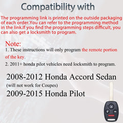 Key Fob Keyless Entry Fits for Honda 2008 2009 2010 2011 2012 Accord Sedan / 2009 - 2013 2014 2015 Pilot Remote Control Head Key Replacement KR55WK49308 35118-TA0-A00 4 Button 46 Chip