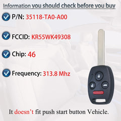 Key Fob Keyless Entry Fits for Honda 2008 2009 2010 2011 2012 Accord Sedan / 2009 - 2013 2014 2015 Pilot Remote Control Head Key Replacement KR55WK49308 35118-TA0-A00 4 Button 46 Chip