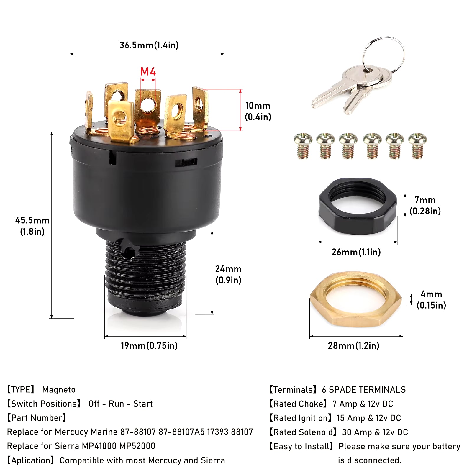 12V 3 Way Ignition Starter Switch with 2Keys for Mariner & Mercury Outboards with a Electric Choke Push to Choke