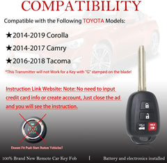 Key Fob Remote Replacement Fits for Toyota Corolla 2014 2015 2016 2017 2018 2019/Camry 2014-2017/Tacoma 2016-2018 HYQ12BDM Keyless Entry Remote Control HYQ12BEL 89070-02880 H Chip(Pack of 2)