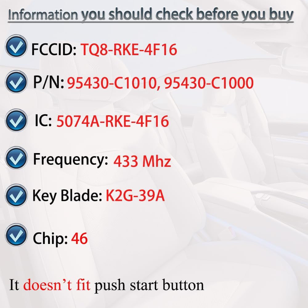 Key Fob Keyless Entry Fits for Hyundai Sonata 2014 2015 2016 2017 Remote Control Flip Key Replacement TQ8-RKE-4F16 95430-C1010 4 Button 46 Chip