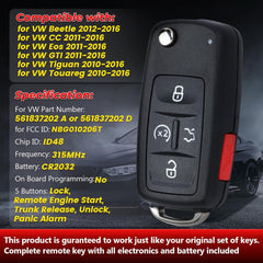 Flip Remote Key Fob Replacement for Volkswagen VW Jetta Passat Beetle Golf CC Tiguan Touareg 2011 2012 2013 2014 2015 2016 FCC ID: NBG010206T, P/N: 561 837 202 A, 561 837 202 D